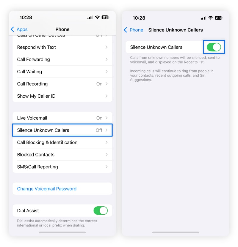 A screenshot of how to silence unknown callers on iPhone.