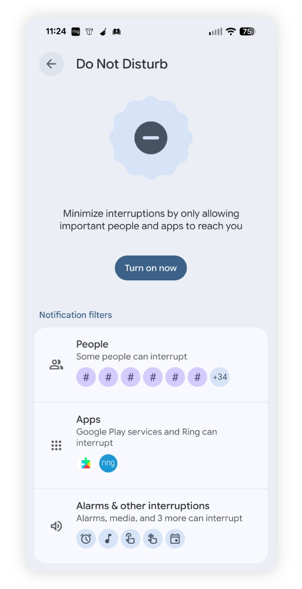 A screenshot of how to activate Do Not Disturb mode on Android phones.