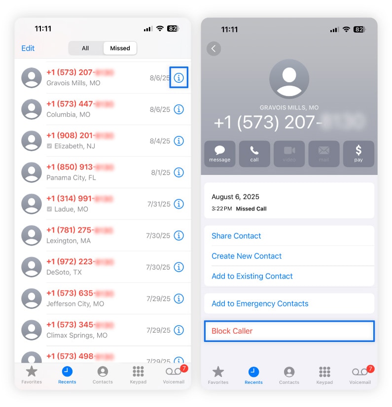 A screenshot of how to block a caller on iPhone.