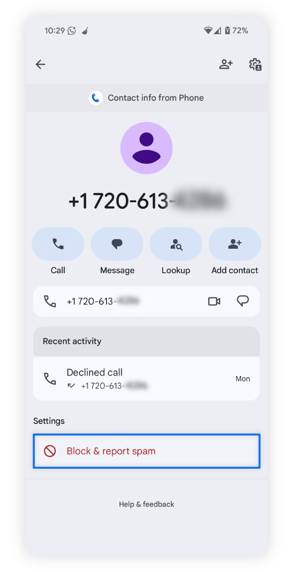 A screenshot of how to block and report a suspicious caller on Android phones.