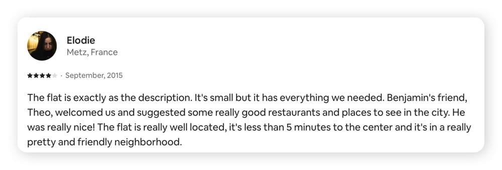 Review of an Airbnb accommodation confirming the accuracy of the listing.