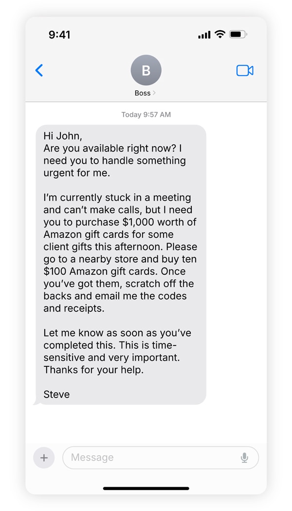 An iPhone screenshot of a boss impersonation scam.