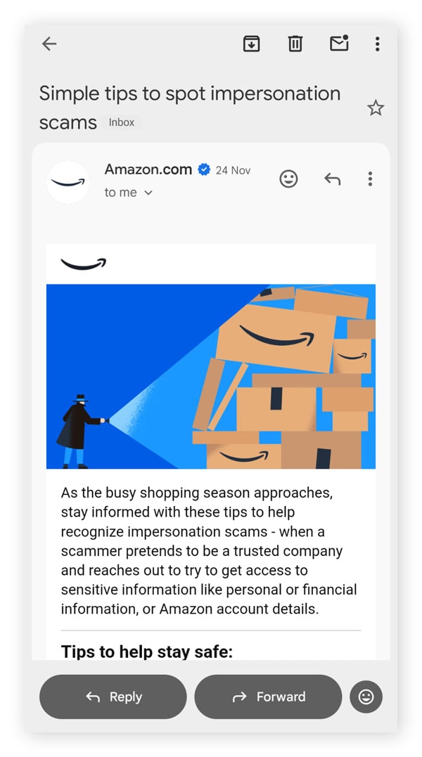 A screenshot of an Amazon impersonation scam email warning sent in November 2025.
