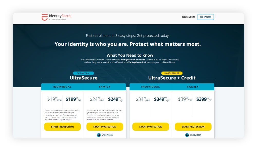 Screenshot of IdentityForce’s home page.
