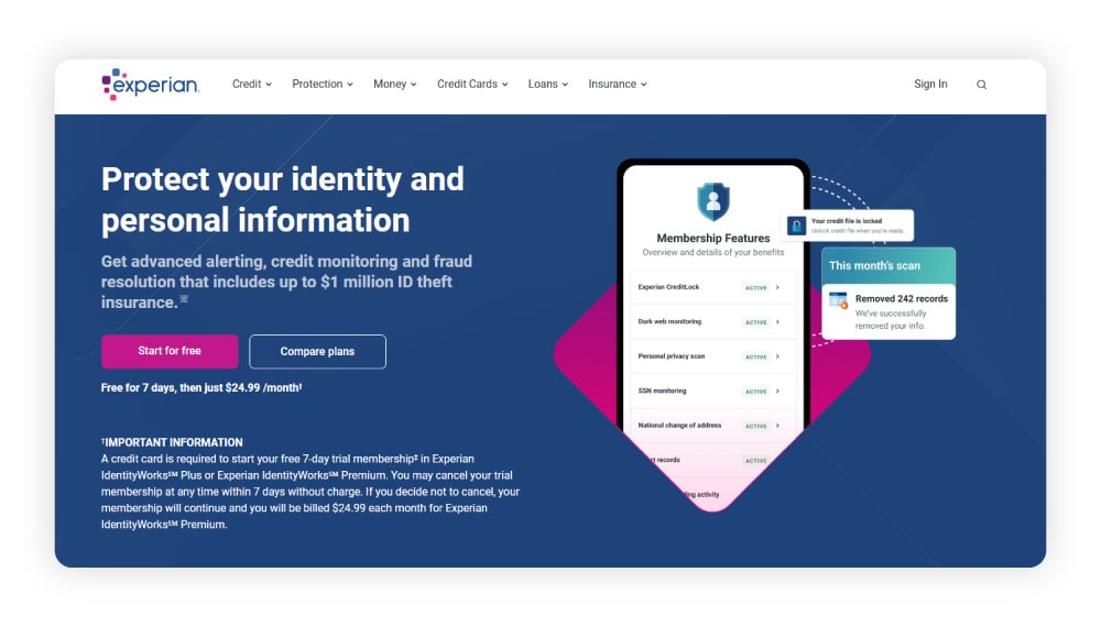 Screenshot of the Experian IdentityWorks home page.