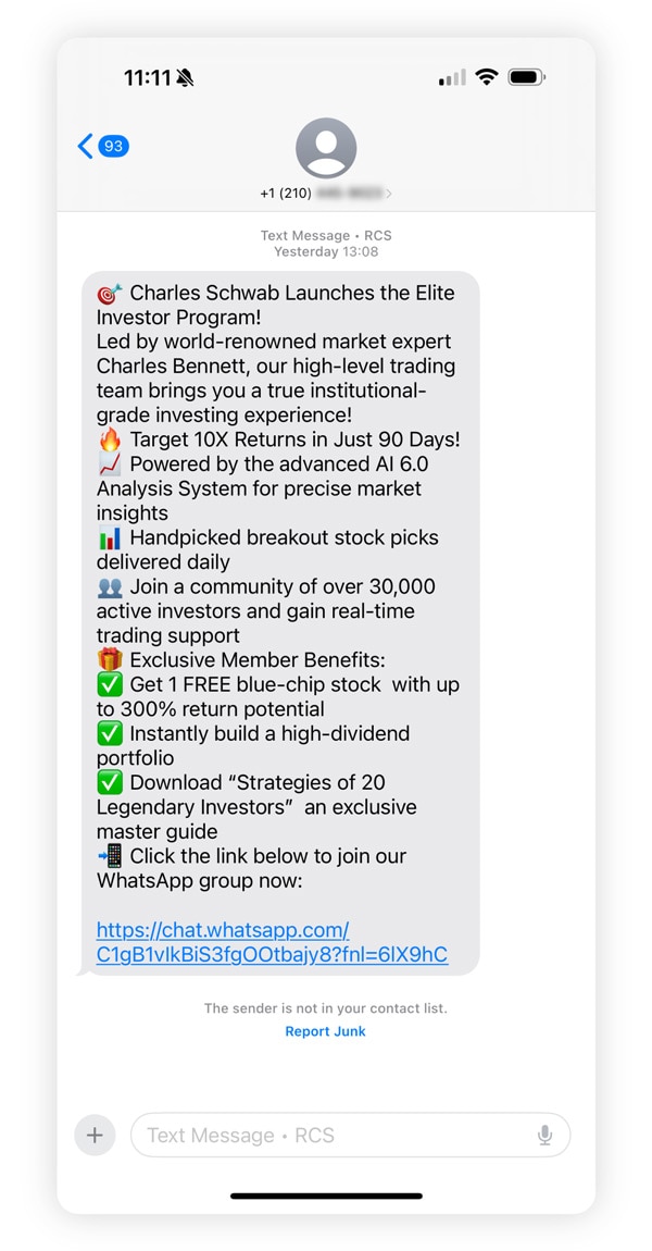 Example of an investment scam sent by text message.