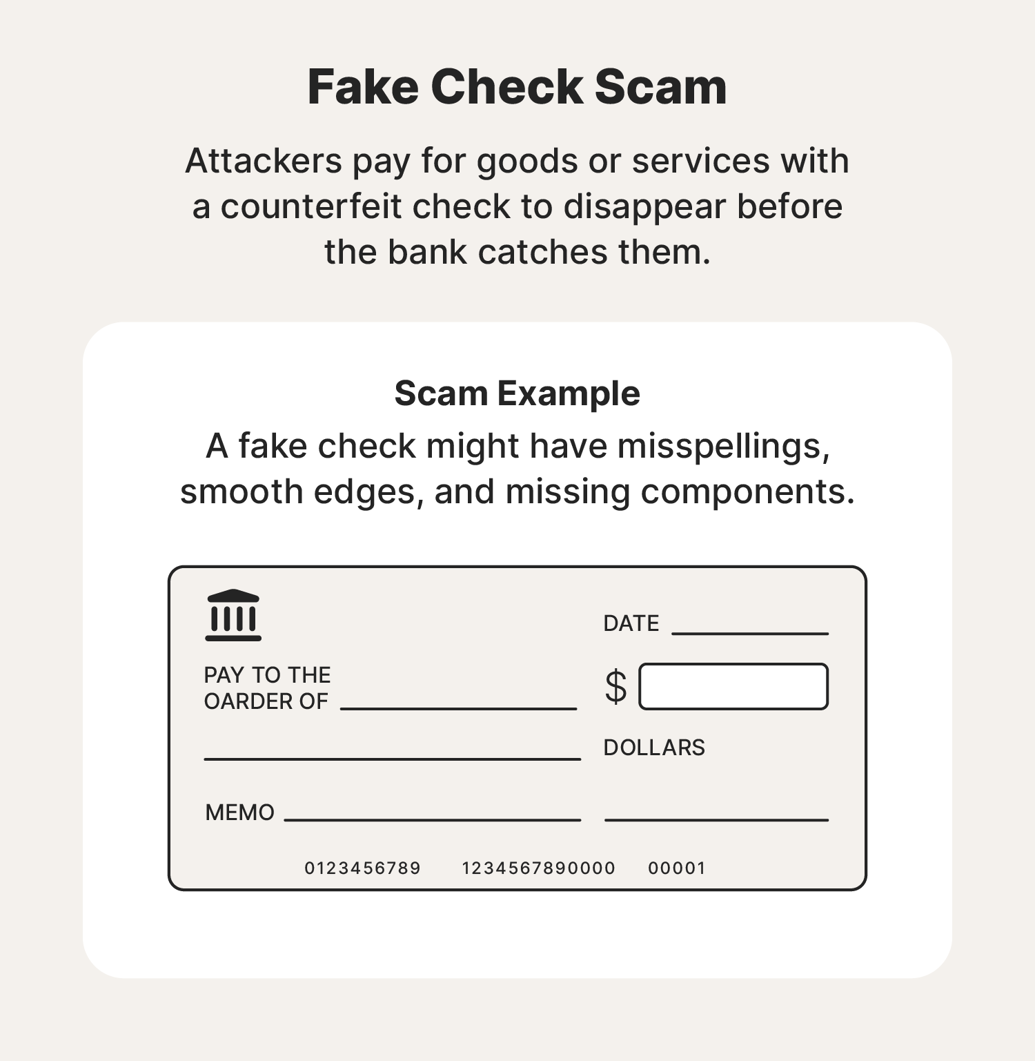 An example of a fake check with missing components that might be used in a bank scam.