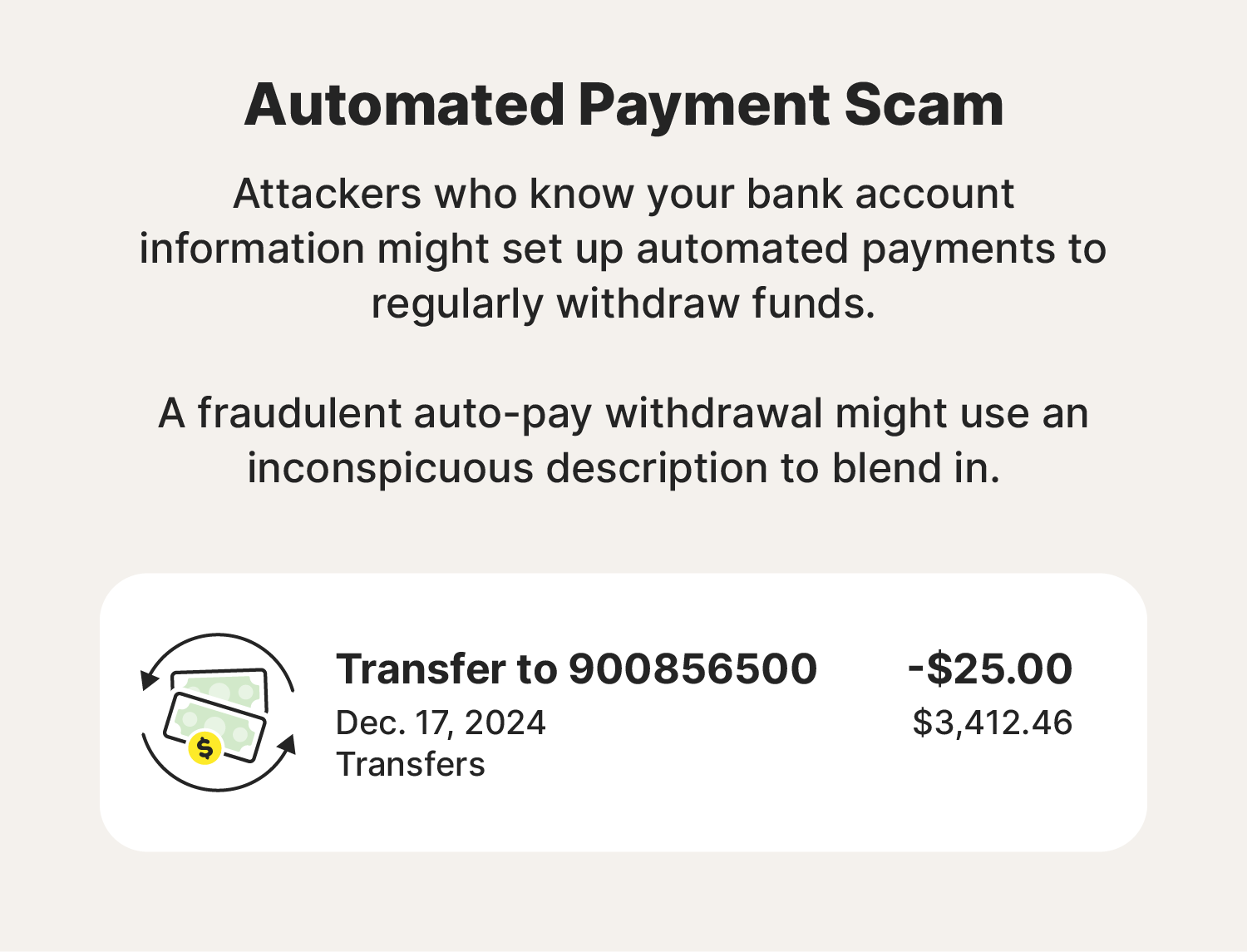 An example of what a fraudulent withdrawal in an automated payment scam might look like.