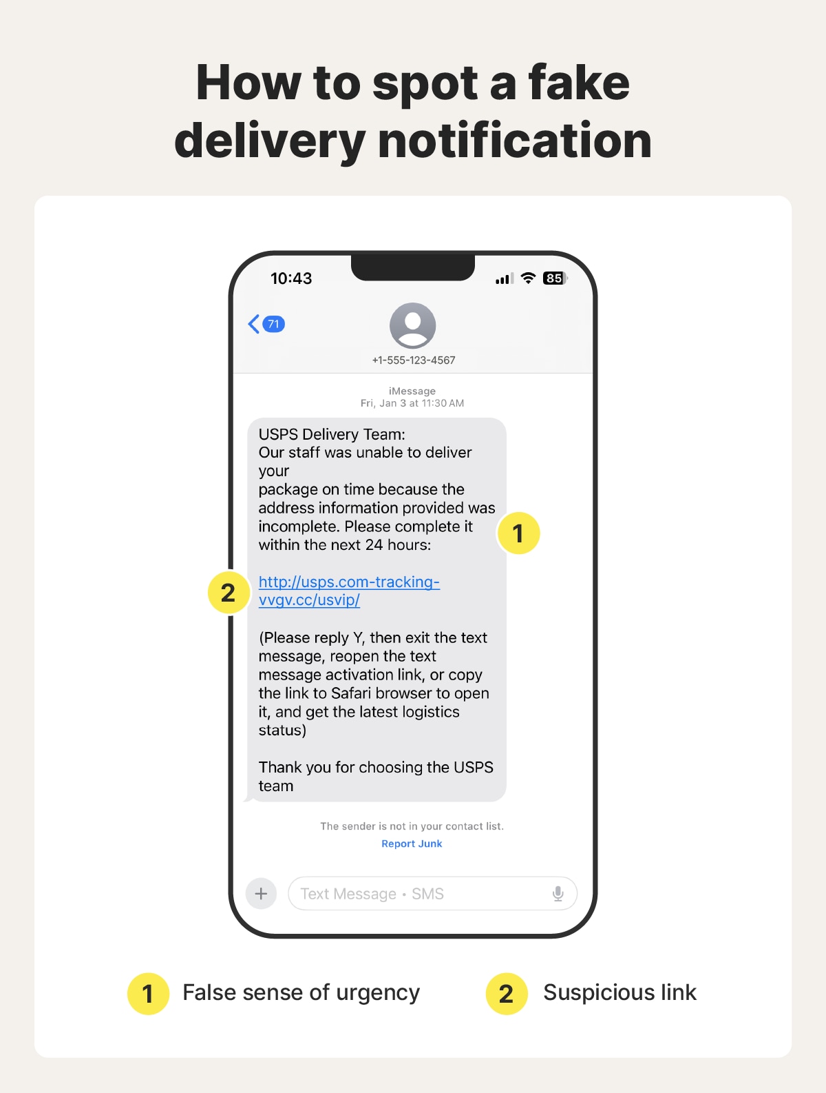 A screenshot of a fake Black Friday delivery notification with call-outs of red flags.