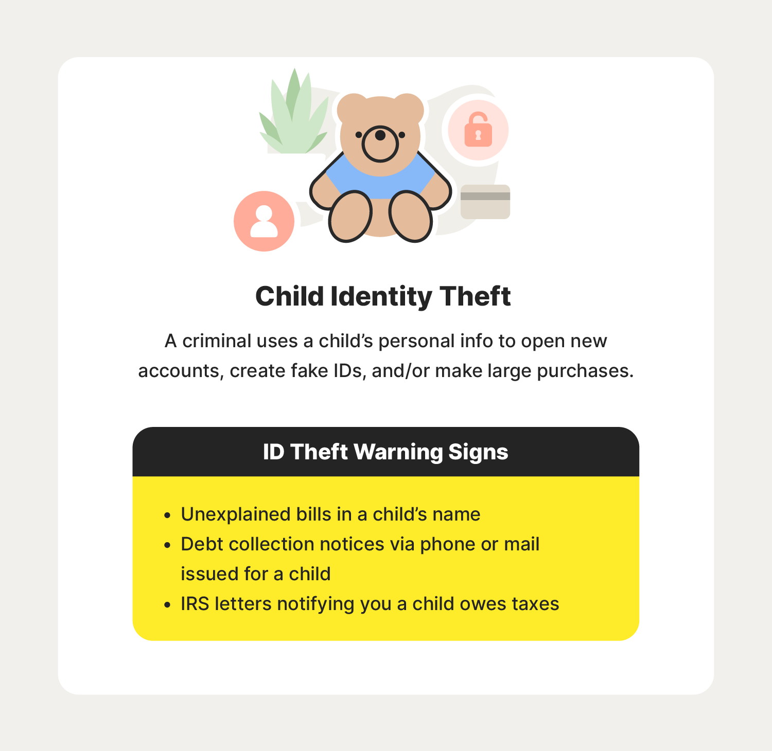 A graphic describes child identity theft, a type of identity theft to keep an eye on when learning how to avoid identity theft.