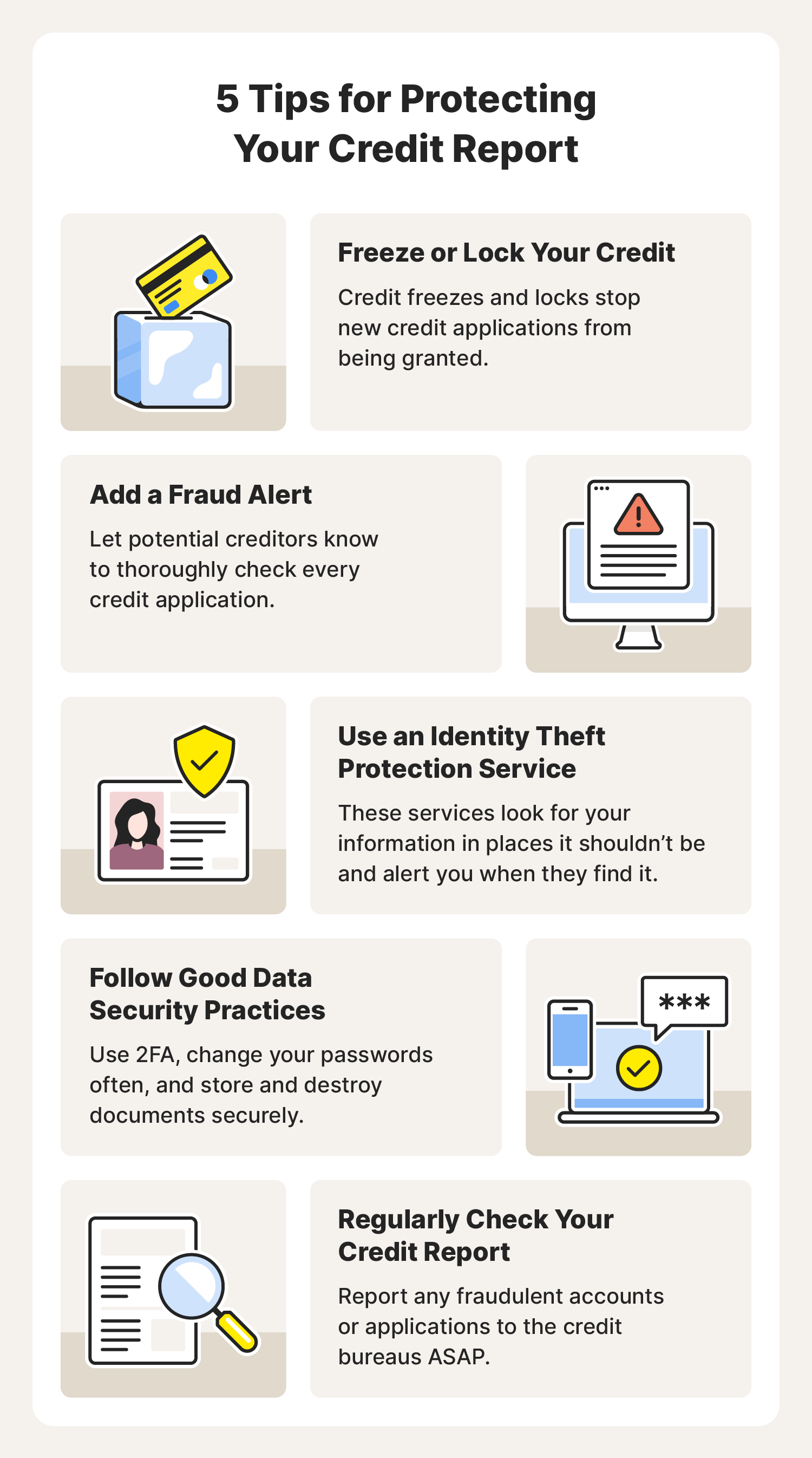 Illustrated chart with information about protecting your credit report, including locking or freezing your credit.