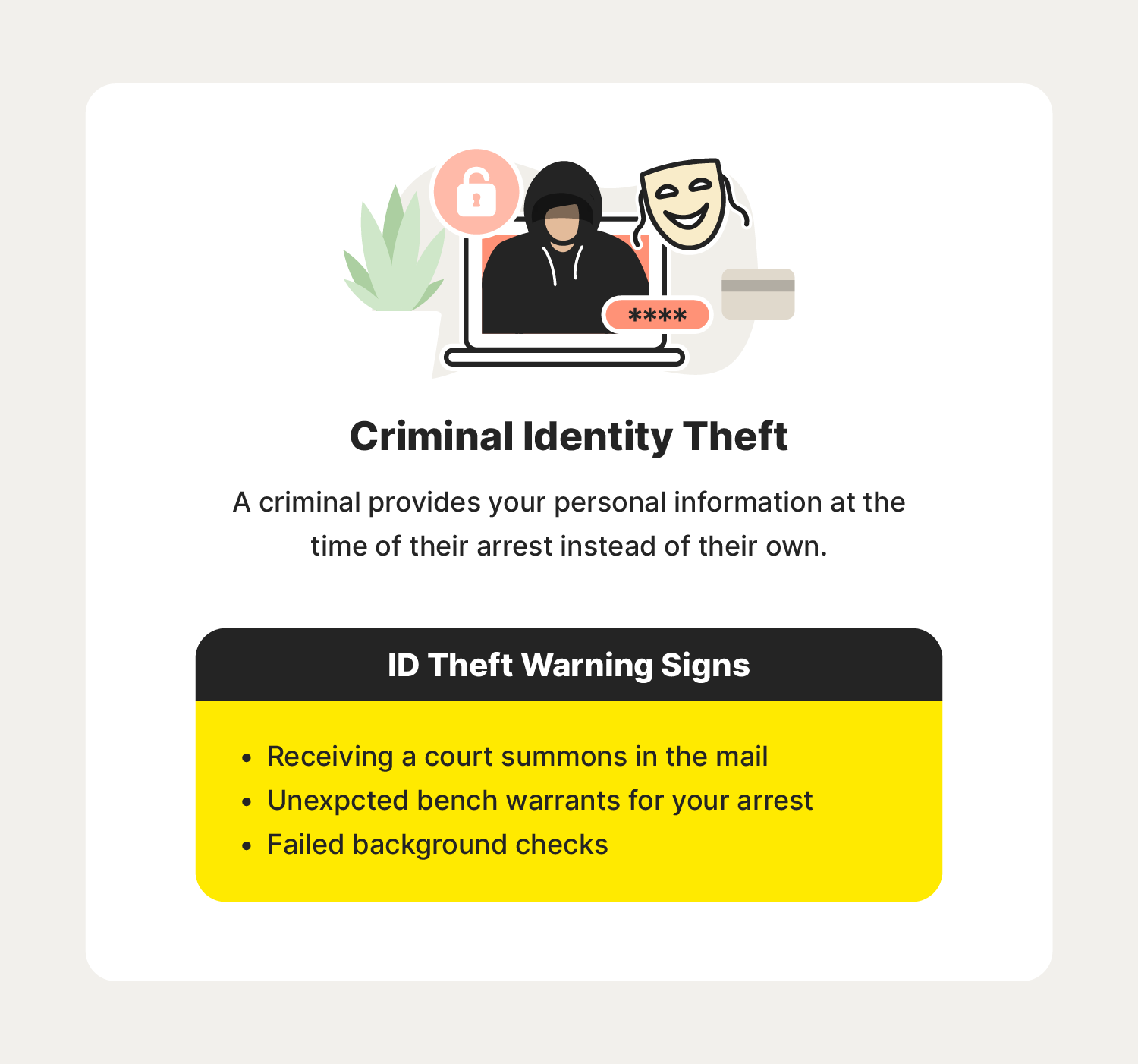A graphic describes criminal identity theft, a type of identity theft to keep an eye on when learning how to avoid identity theft.