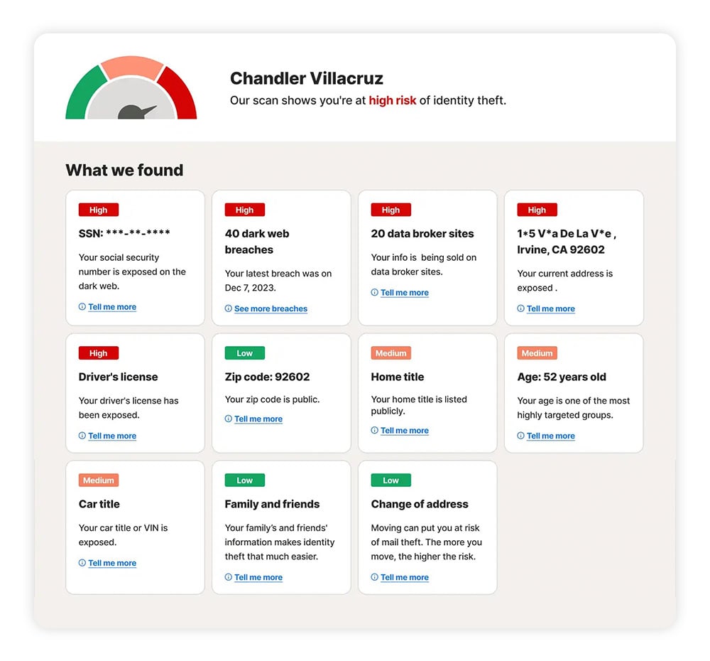 A screenshot of LifeLock’s dark web scanner showing the identifying elements it can find.