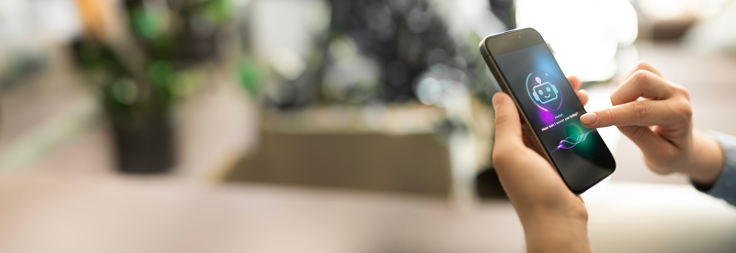 Person using an iPhone with a robot icon displayed, symbolizing data privacy in AI customer service.