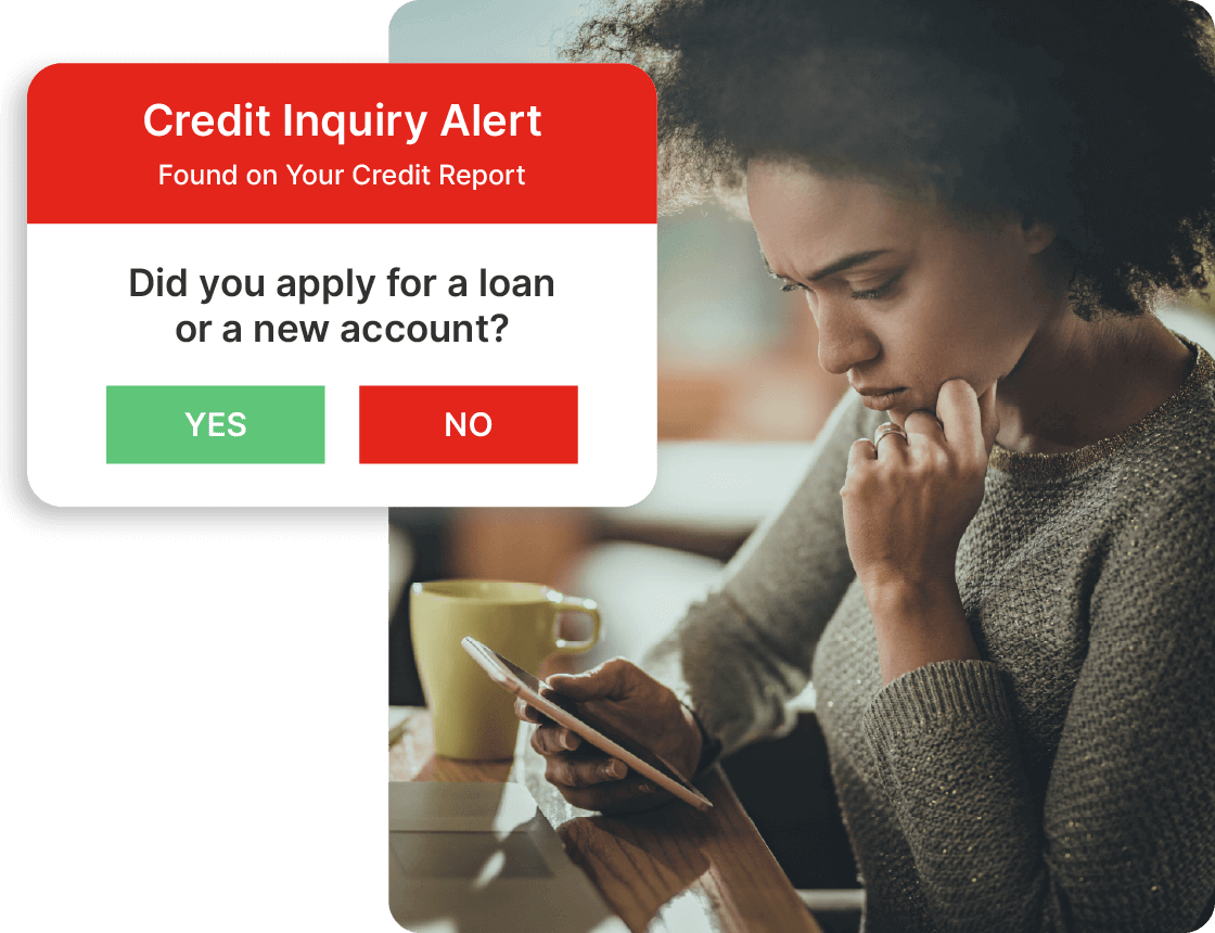 A woman disputes an unfamiliar loan on her credit report after receiving a LifeLock credit inquiry alert.