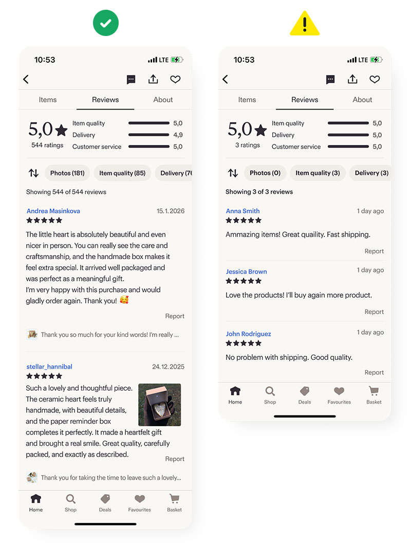 A screenshot of an Etsy shop with good, detailed reviews, and an example of a fake Etsy shop with limited reviews.