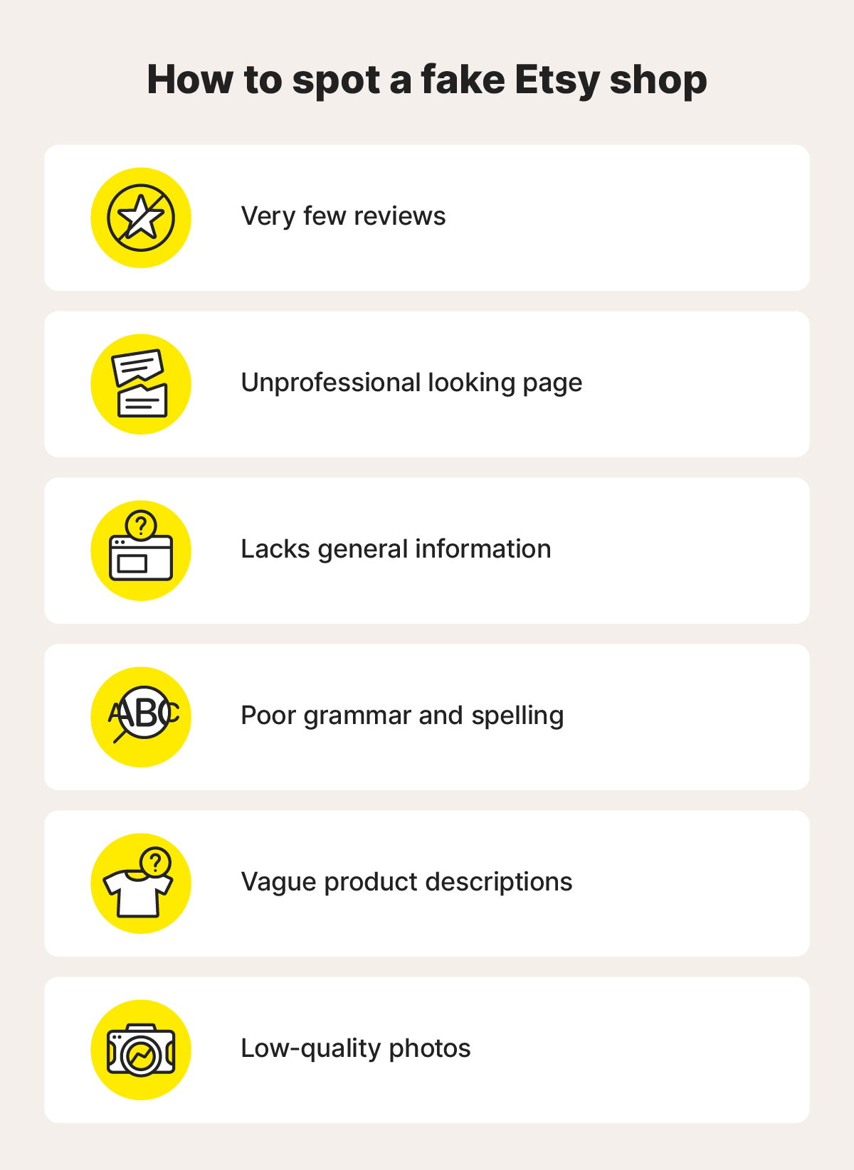 Graphic depicting ways to spot a fake Etsy shop.