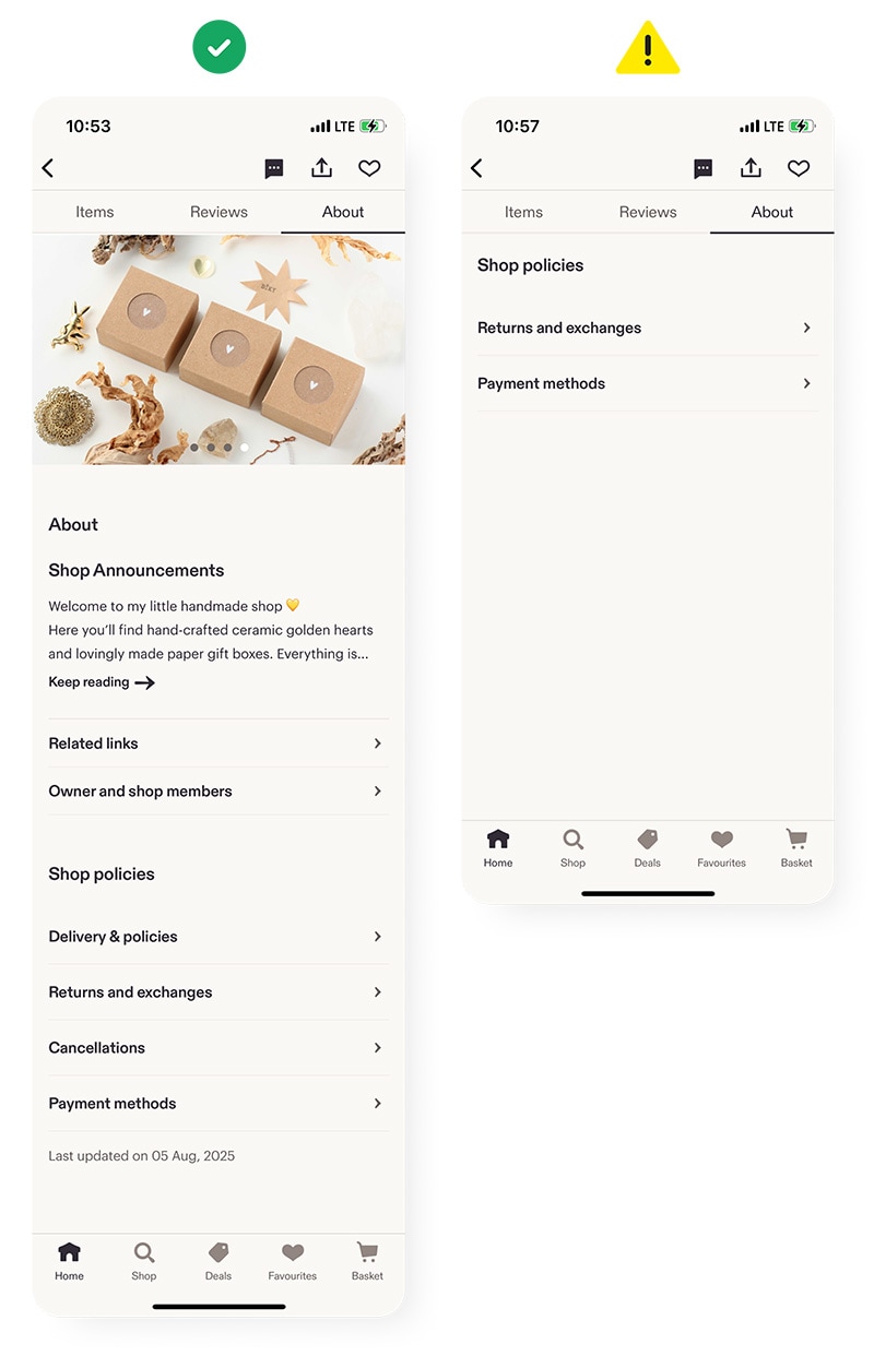 A screenshot of two Etsy shops: one with complete shop details, and a fake Etsy shop with no description or shop logo.