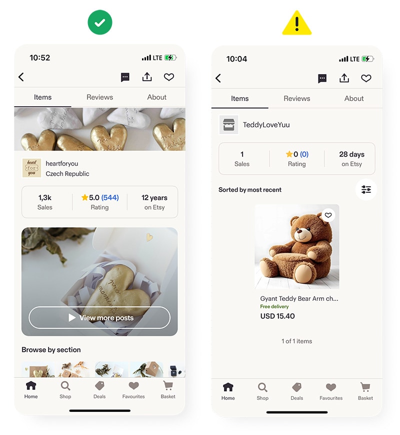 A screenshot of a real Etsy shop and a fake Etsy shop, which has spelling and grammar errors (among other red flags).