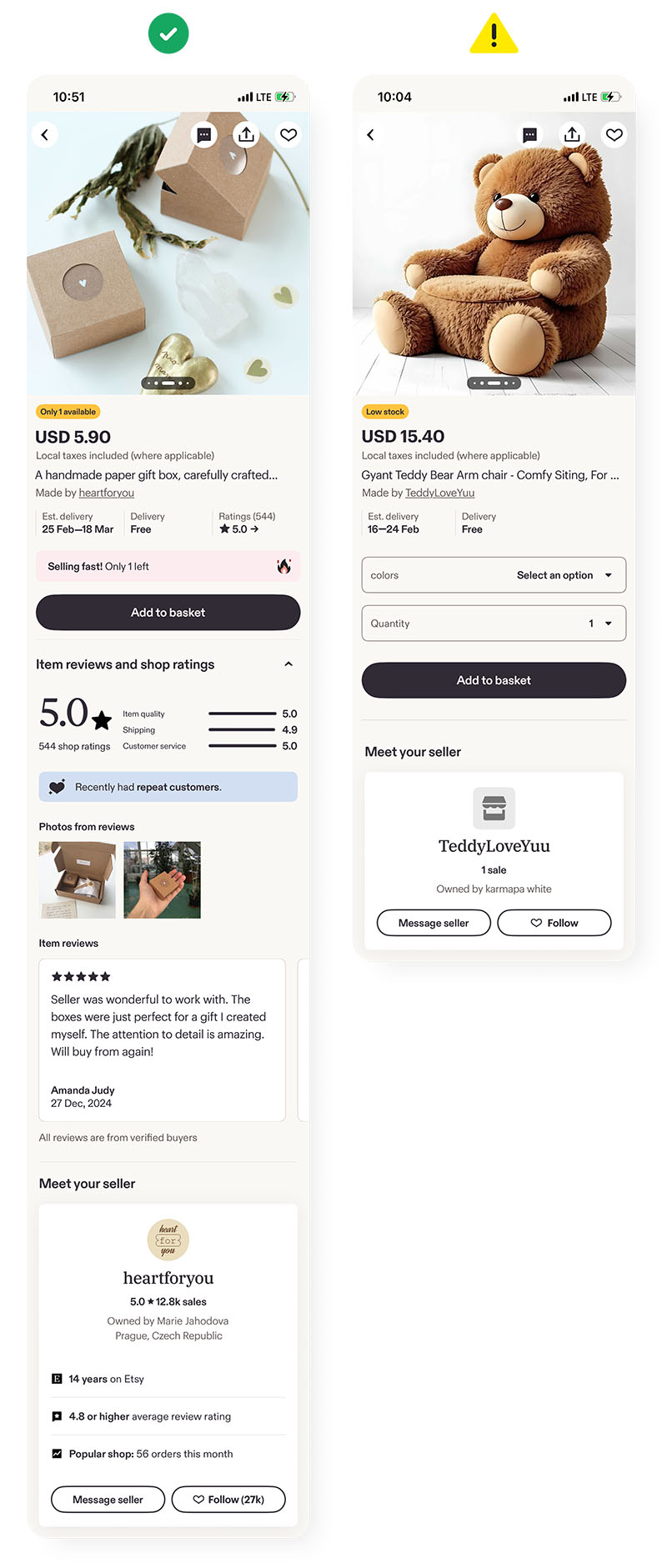 An example of a legitimate Etsy shop with real images, and a screenshot of a fake Etsy shop with AI-generated listings images.