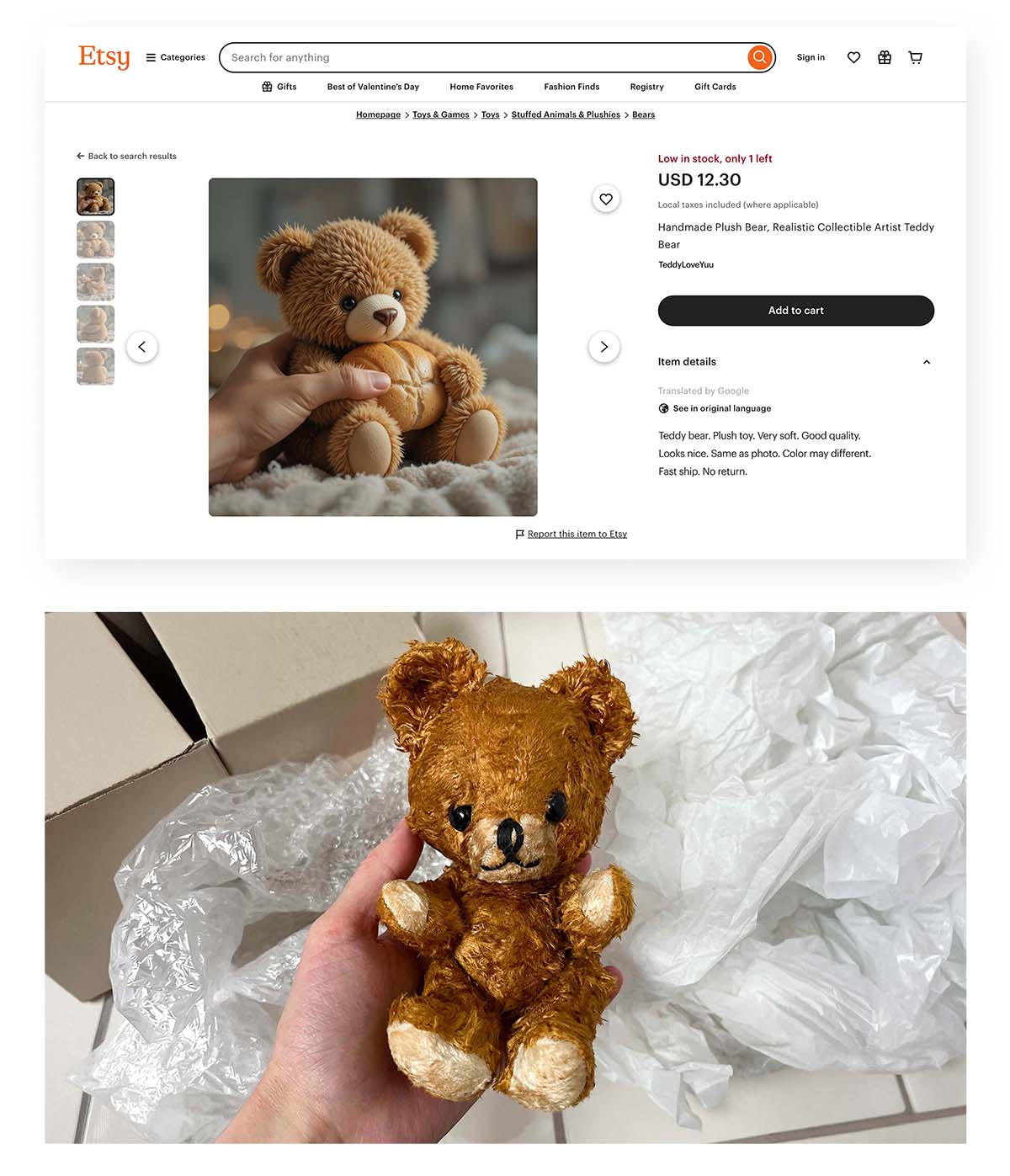 A screenshot depicting an AI-generated teddy bear and the real picture of a cheap, low-quality teddy bear that the buyer received.