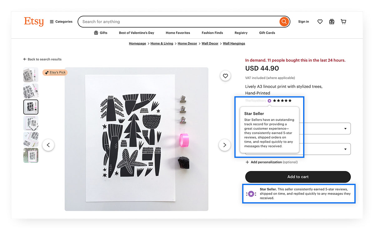 Legitimate Etsy sellers have "Star Seller" labels on their profiles, indicating their track record of good customer service.