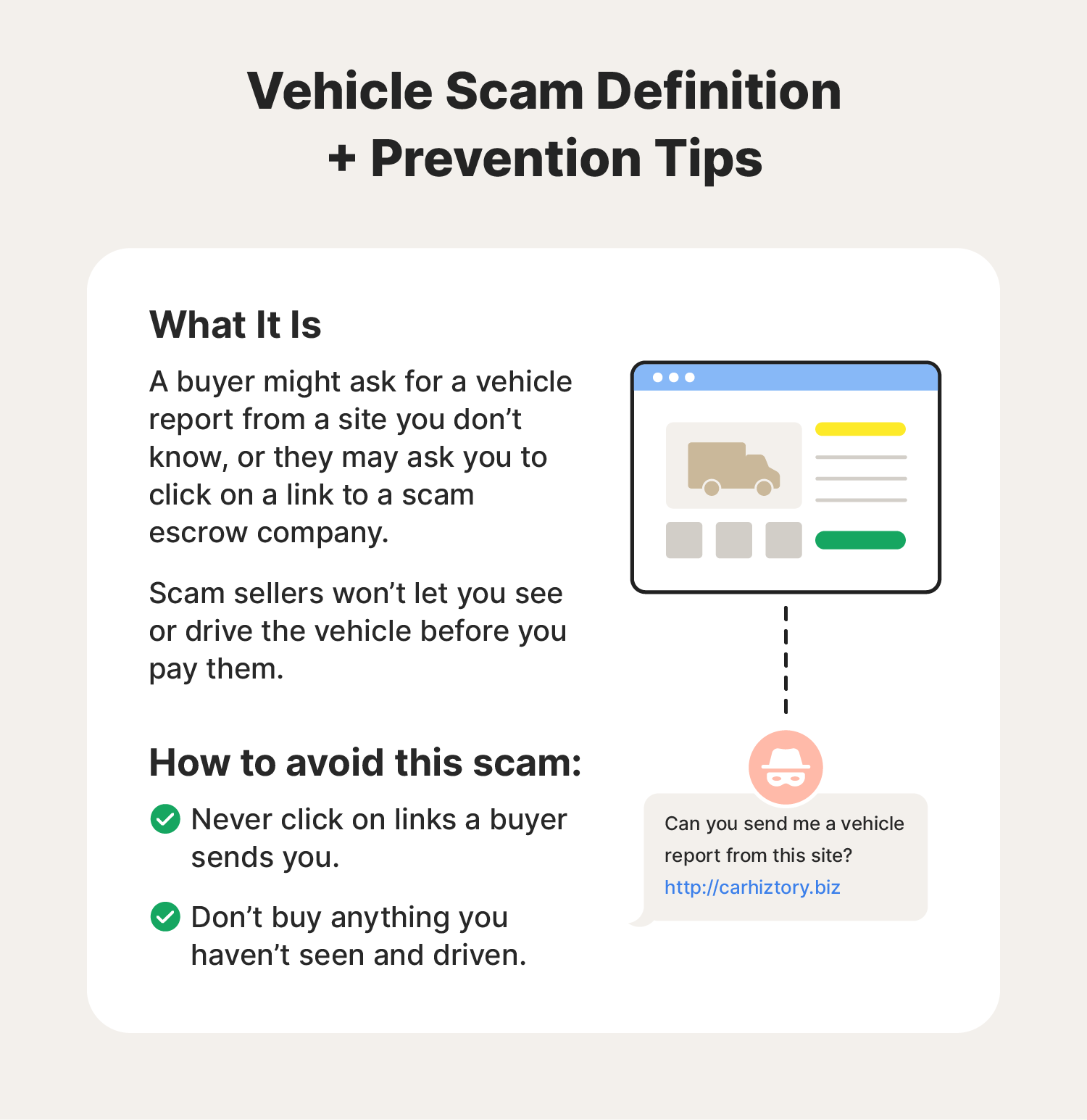 Illustrated chart explaining a type of Facebook Marketplace scam called a car scam.