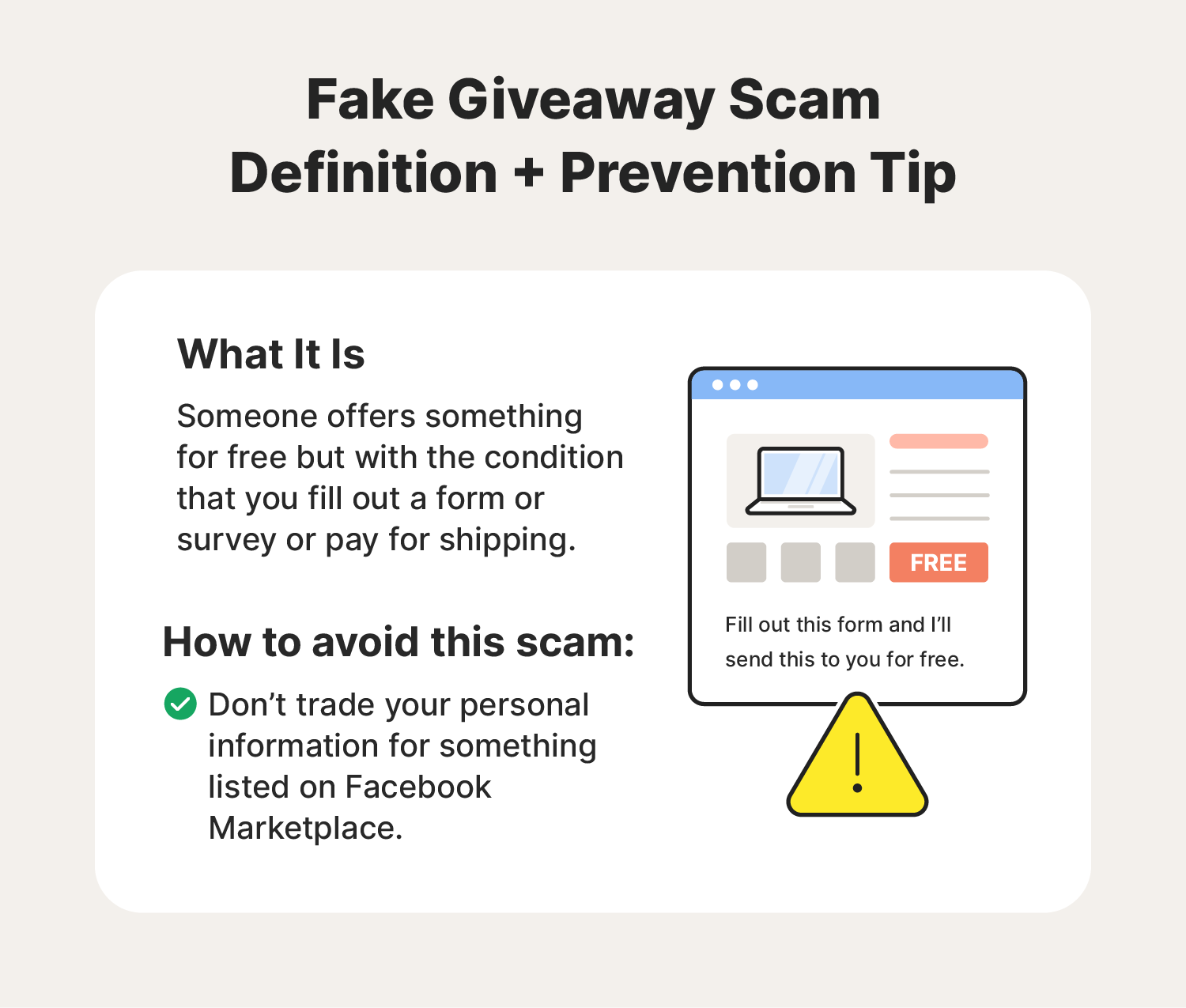 Illustrated chart explaining a type of Facebook Marketplace scam called a fake giveaway scam. 