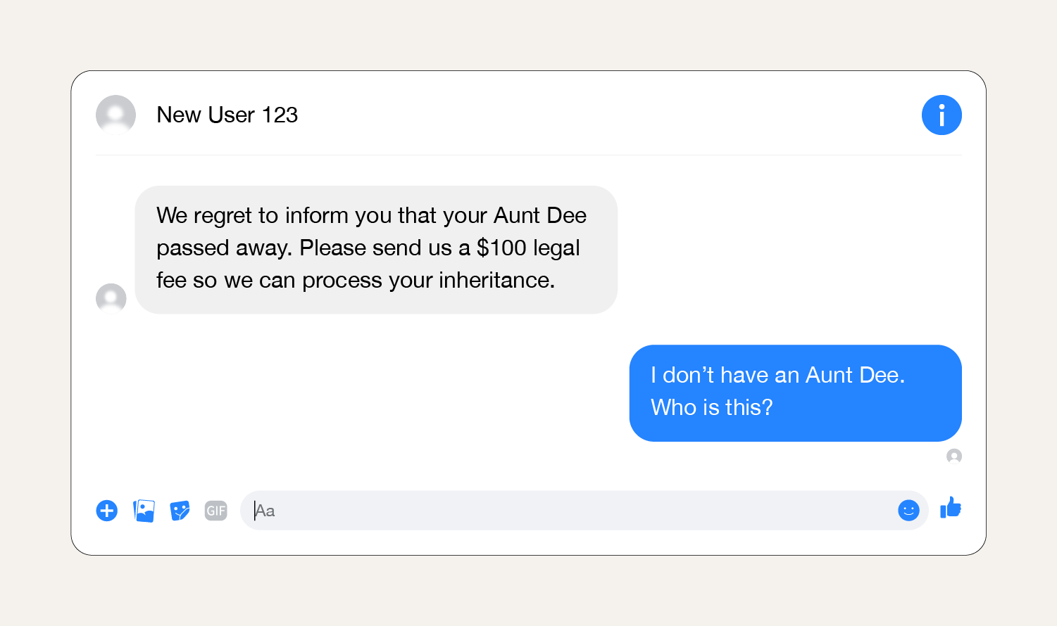 A screenshot of a Facebook inheritance scam message.