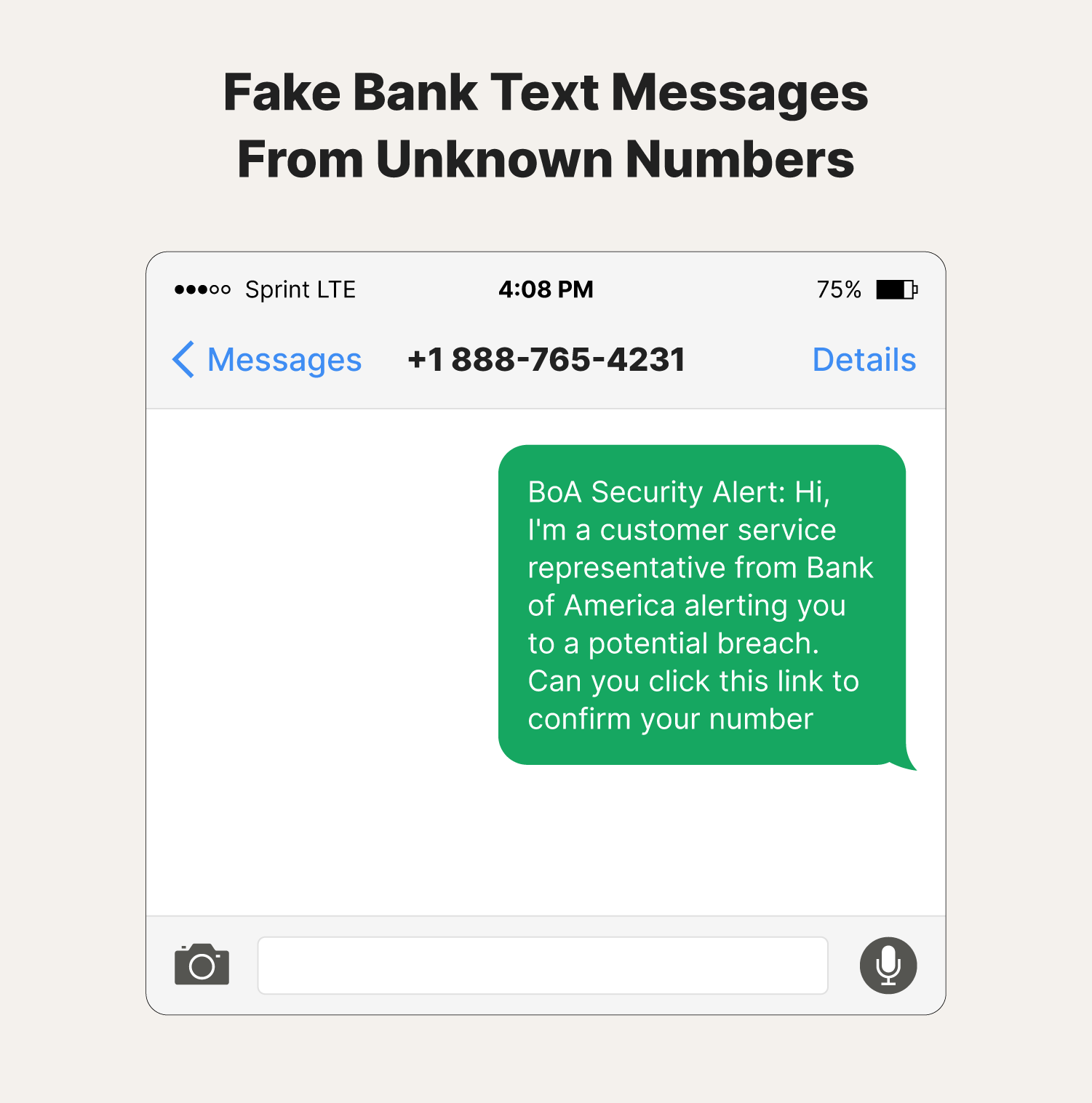 A phone screen showing a bank scam text from an unknown number.