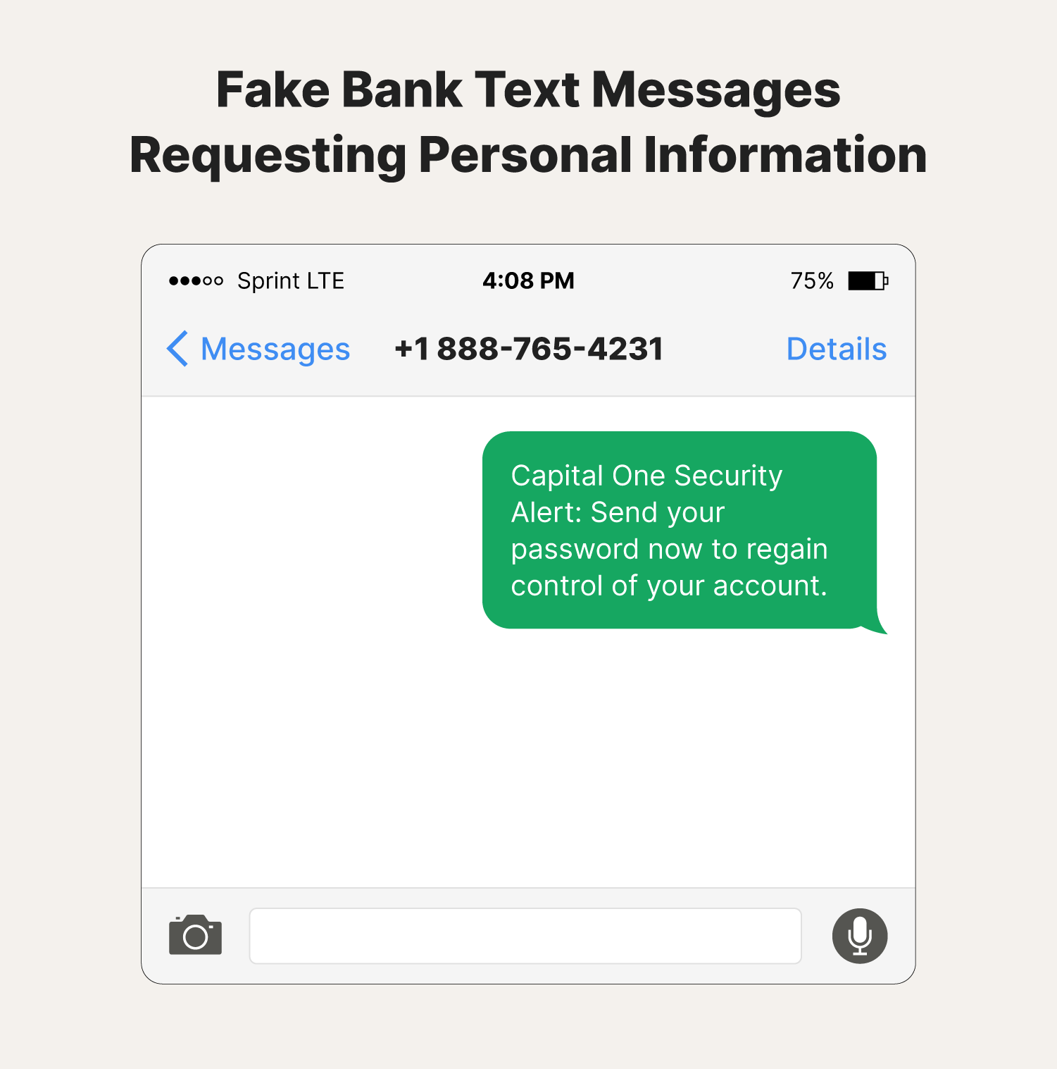 A phone screen showing a scam text requesting personal information.