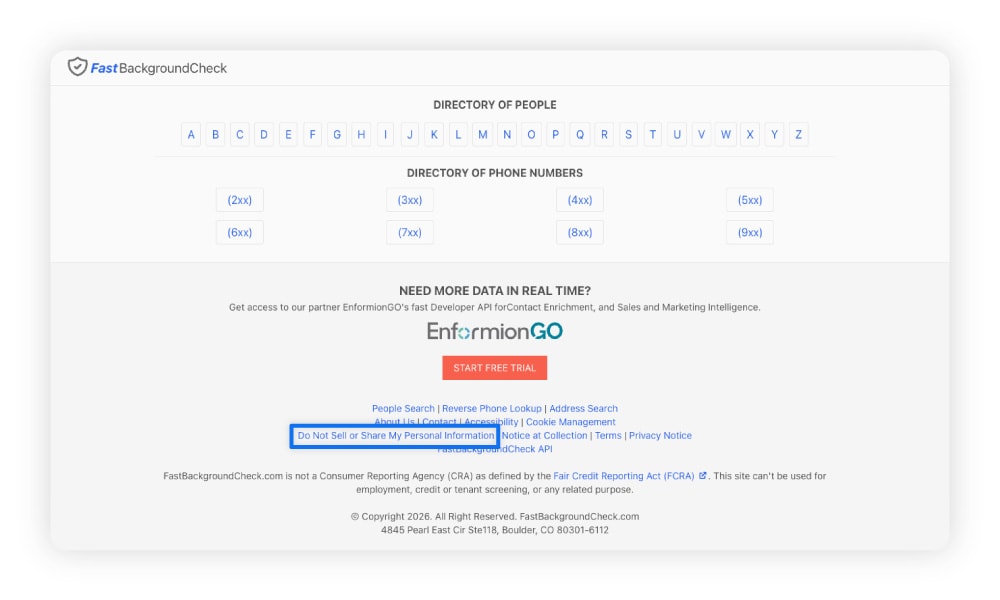 The opt-out form link at the bottom of FastBackgroundCheck’s page, highlighting the linked text “Do Not Sell or Share My Personal Information.”