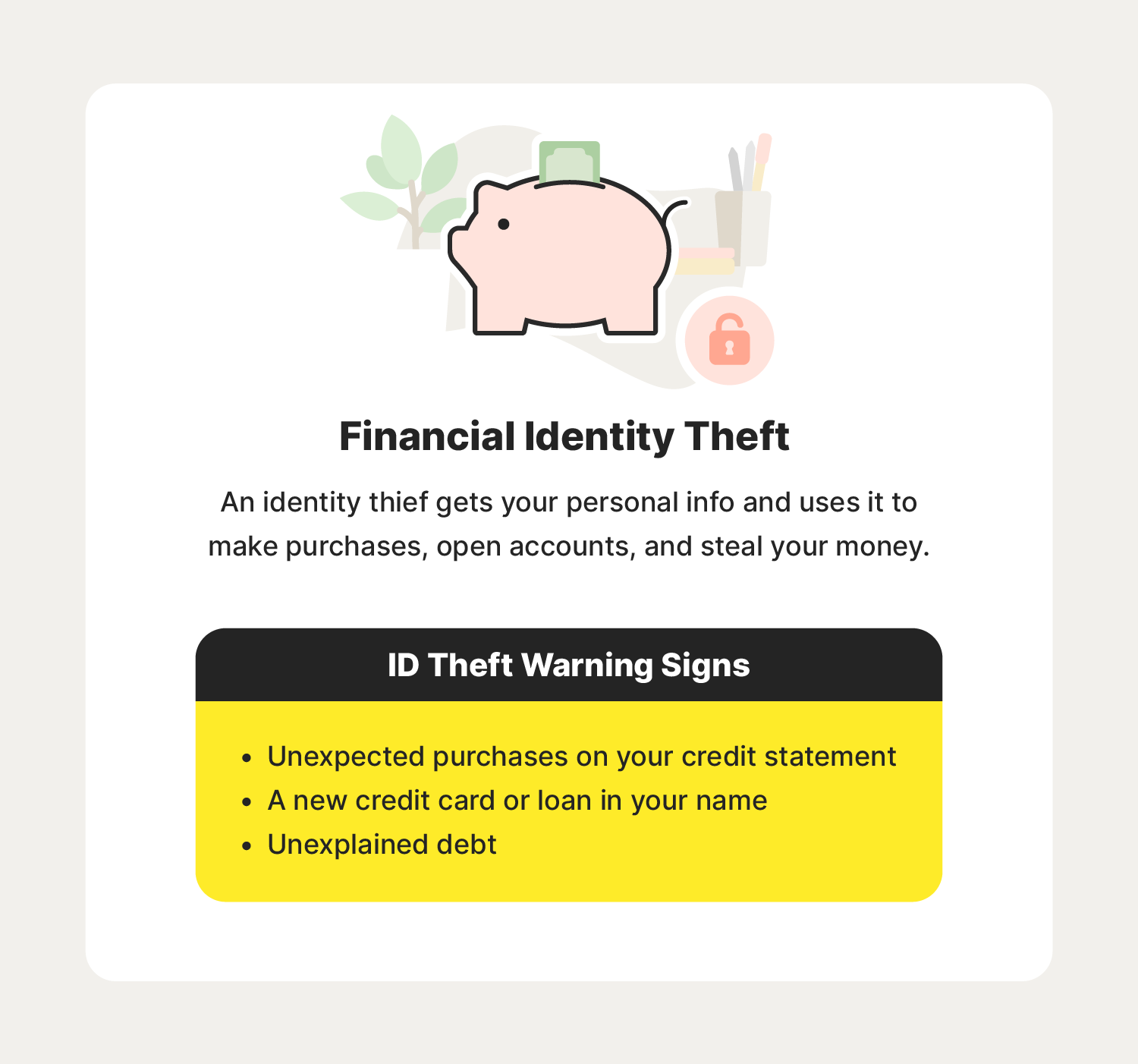 A graphic describes financial identity theft, a type of identity theft to keep an eye on when learning how to avoid identity theft.