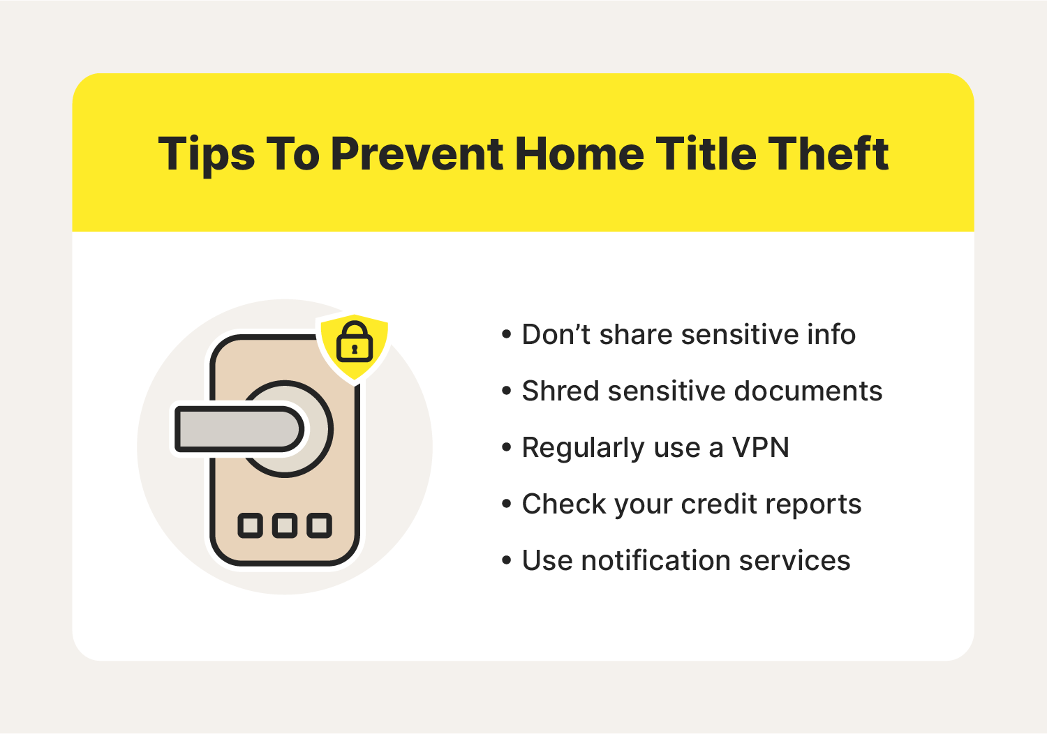 An infographic showcases tips you can follow to help avoid home title theft.