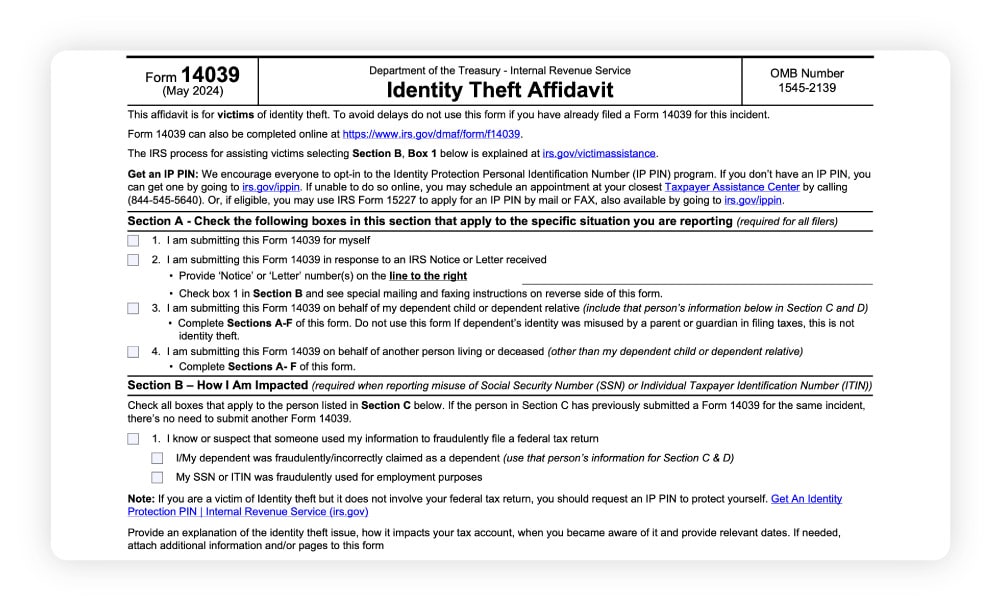 A screenshot of IRS Form 14039, which you should use to report tax identity theft. 