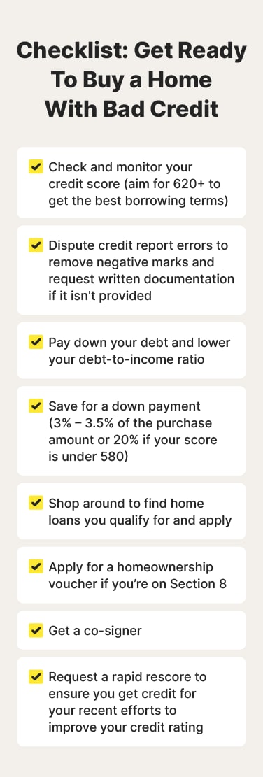 A checklist overviewing what you need to do as a soon-to-be homeowner with bad credit. 