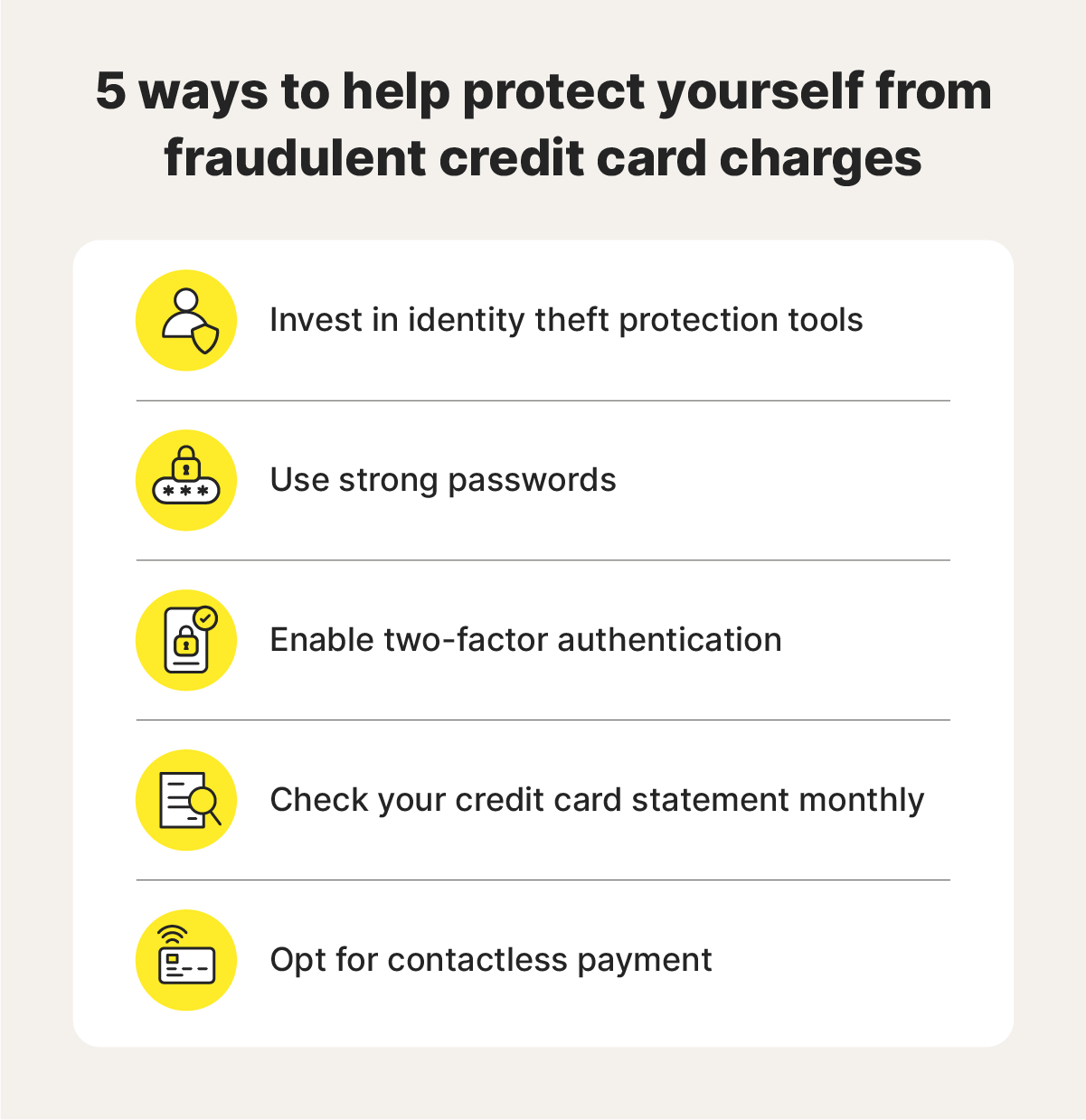 Graphic providing 5 strategies to protect yourself from credit card fraud.