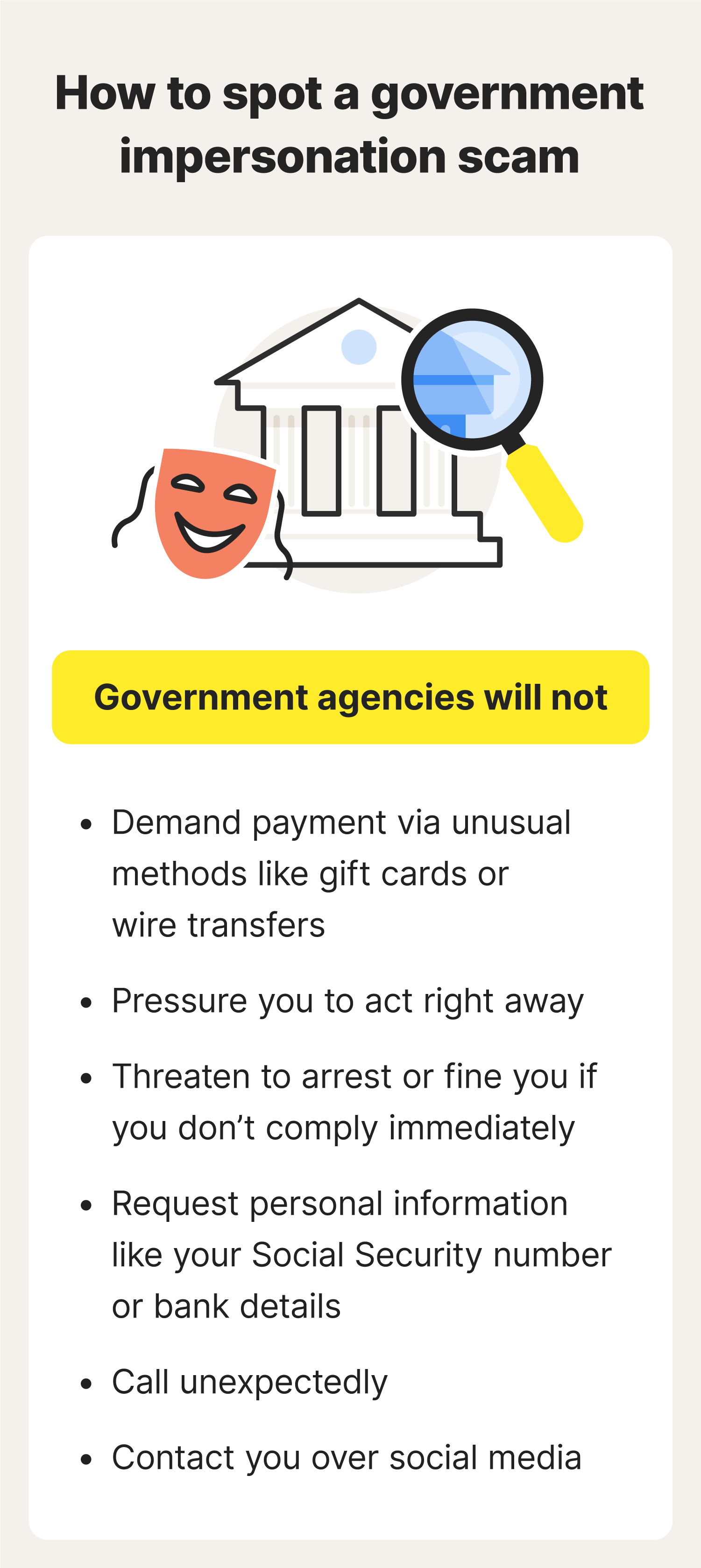 An image with tips explaining how to spot a government impersonation scam.