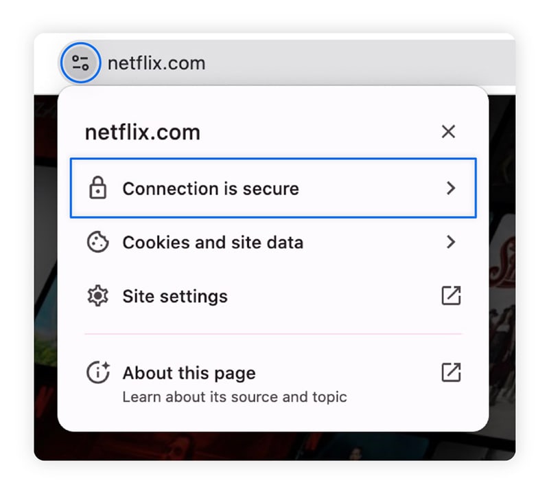 Chrome browser menu showing a secure HTTPS connection for a website.