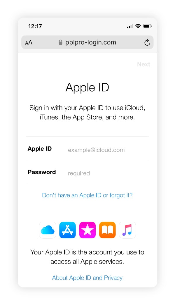 A fake Apple support website with a fake domain.