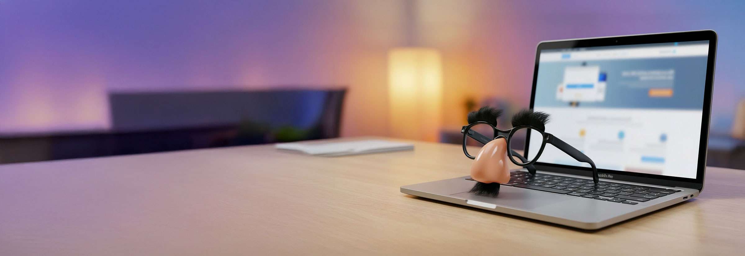 Groucho glasses on top of a laptop, representing a fake website.