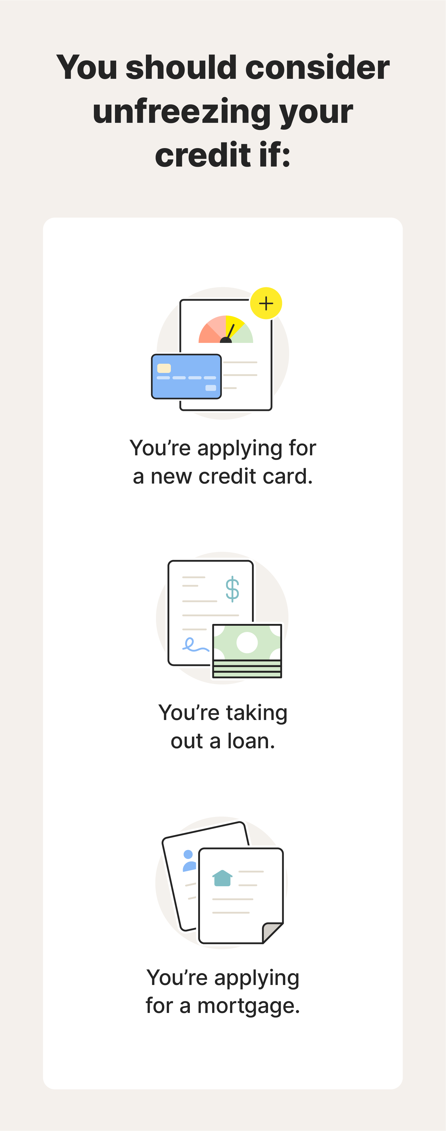 A graphic showing when you should consider unfreezing your credit, such as when you’re applying for a new credit card.