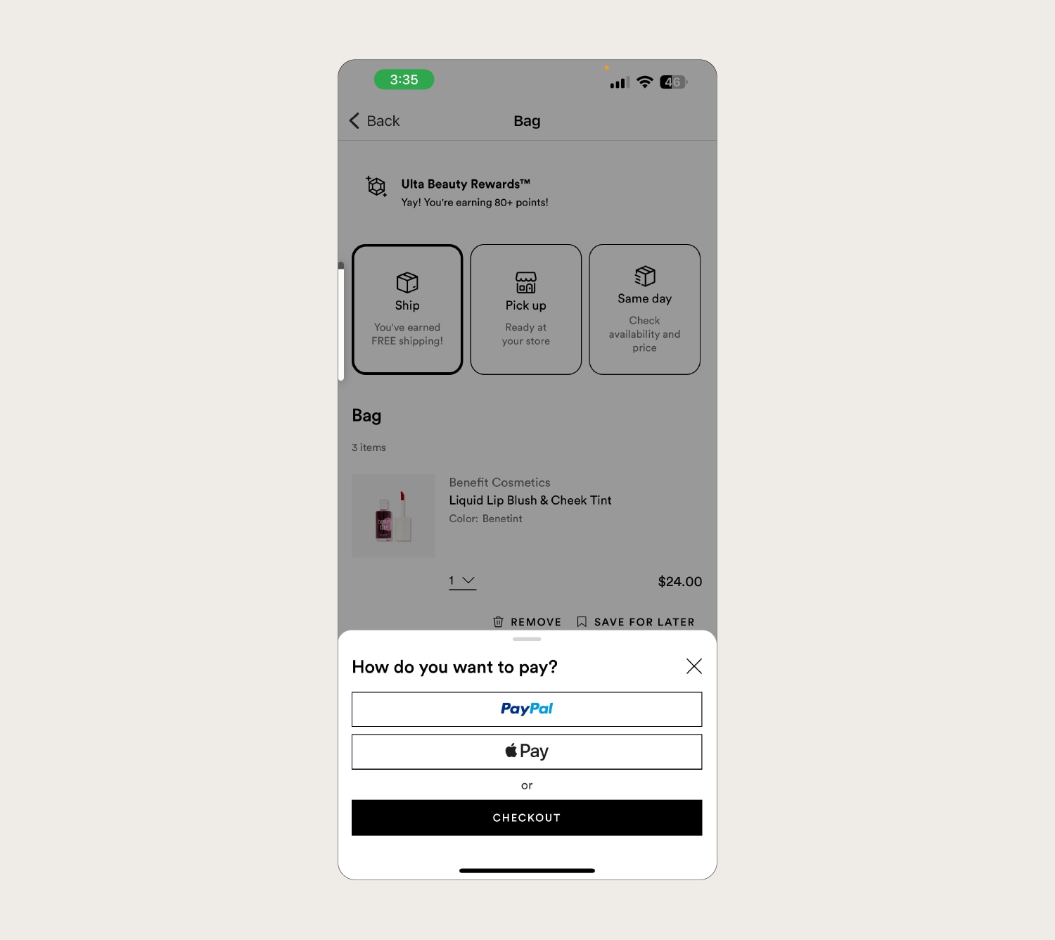 A screenshot showing what Apple Pay looks like at a mobile checkout.