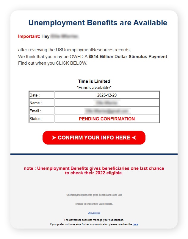 A screenshot showing a stimulus payment tax scam email.