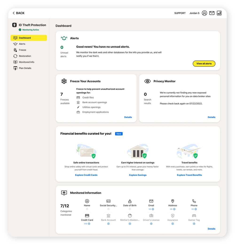 A screenshot of the LifeLock ID Theft Protection Dashboard.