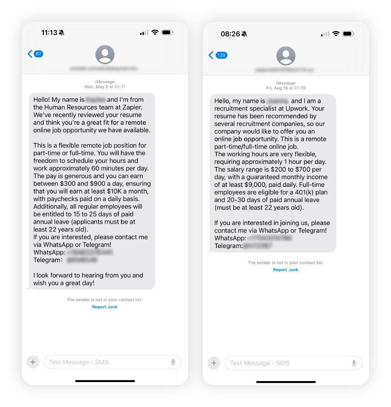 Screenshots showing job application scam text messages.