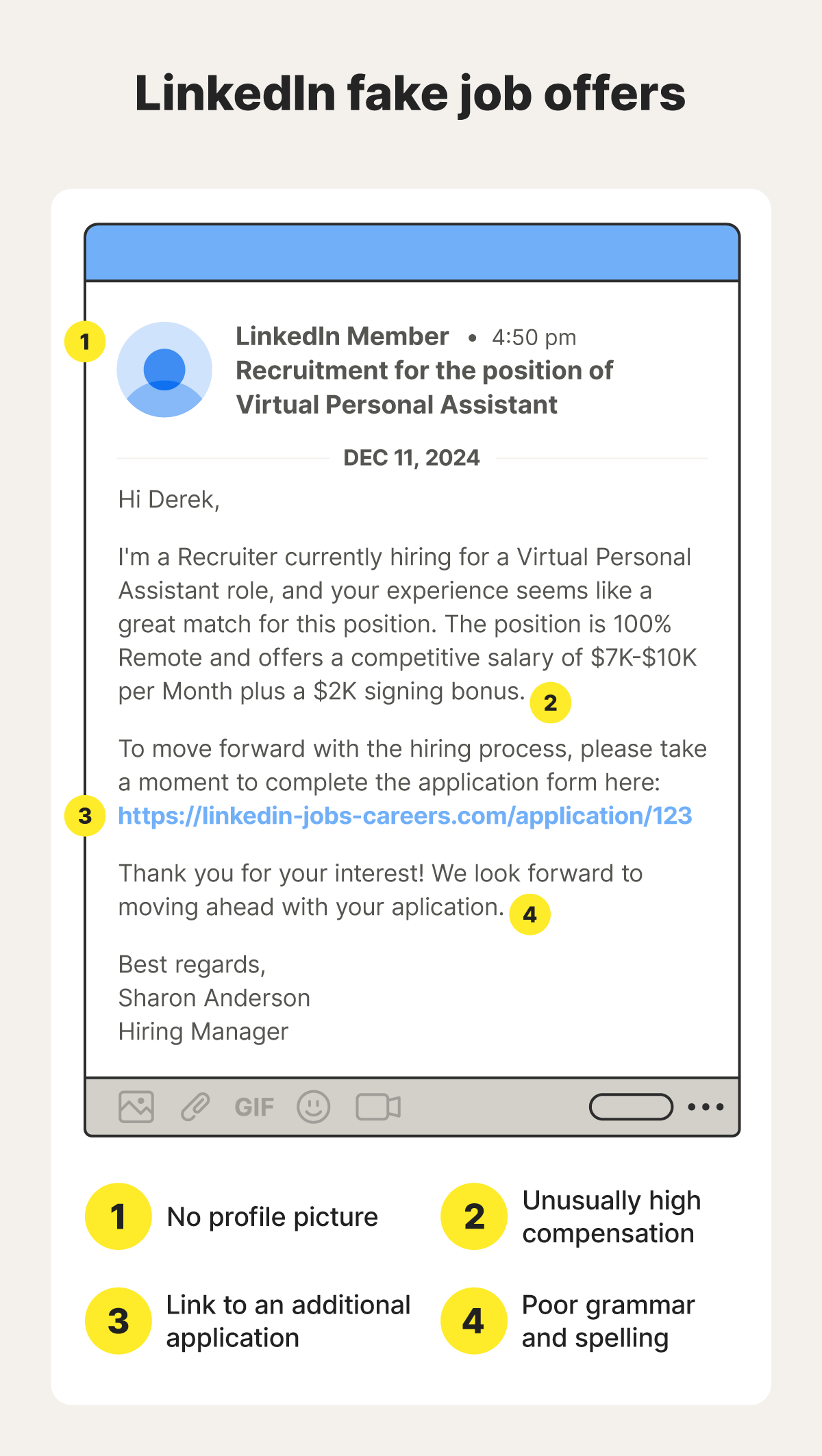 An image with an example of a fake job LinkedIn scam message.