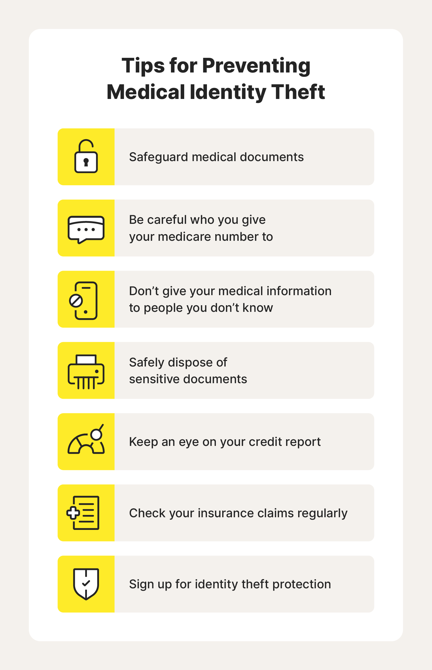 A chart showcases tips for preventing medical identity theft.