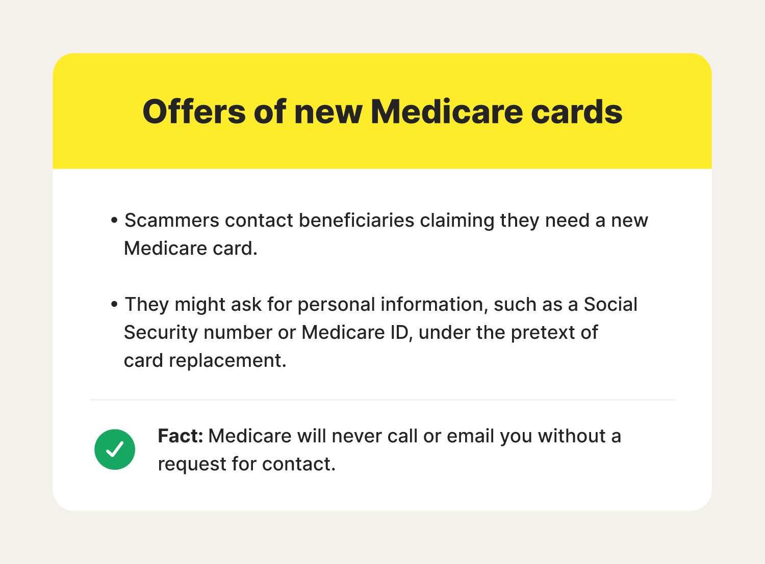 An image overviewing signs of and facts about fraudulent new Medicare card offers.