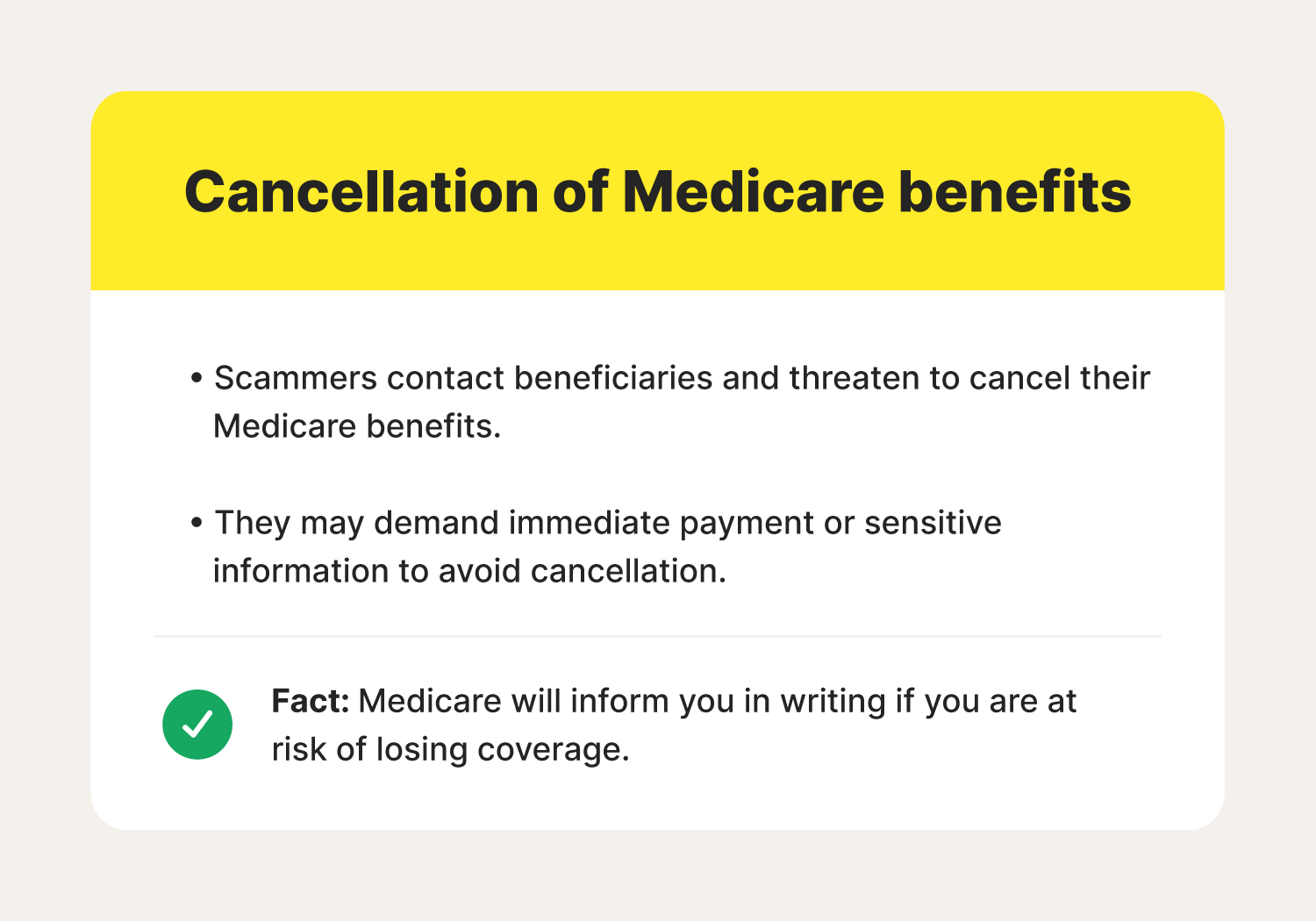 An image overviewing signs of and facts about Medicare cancellation fraud.